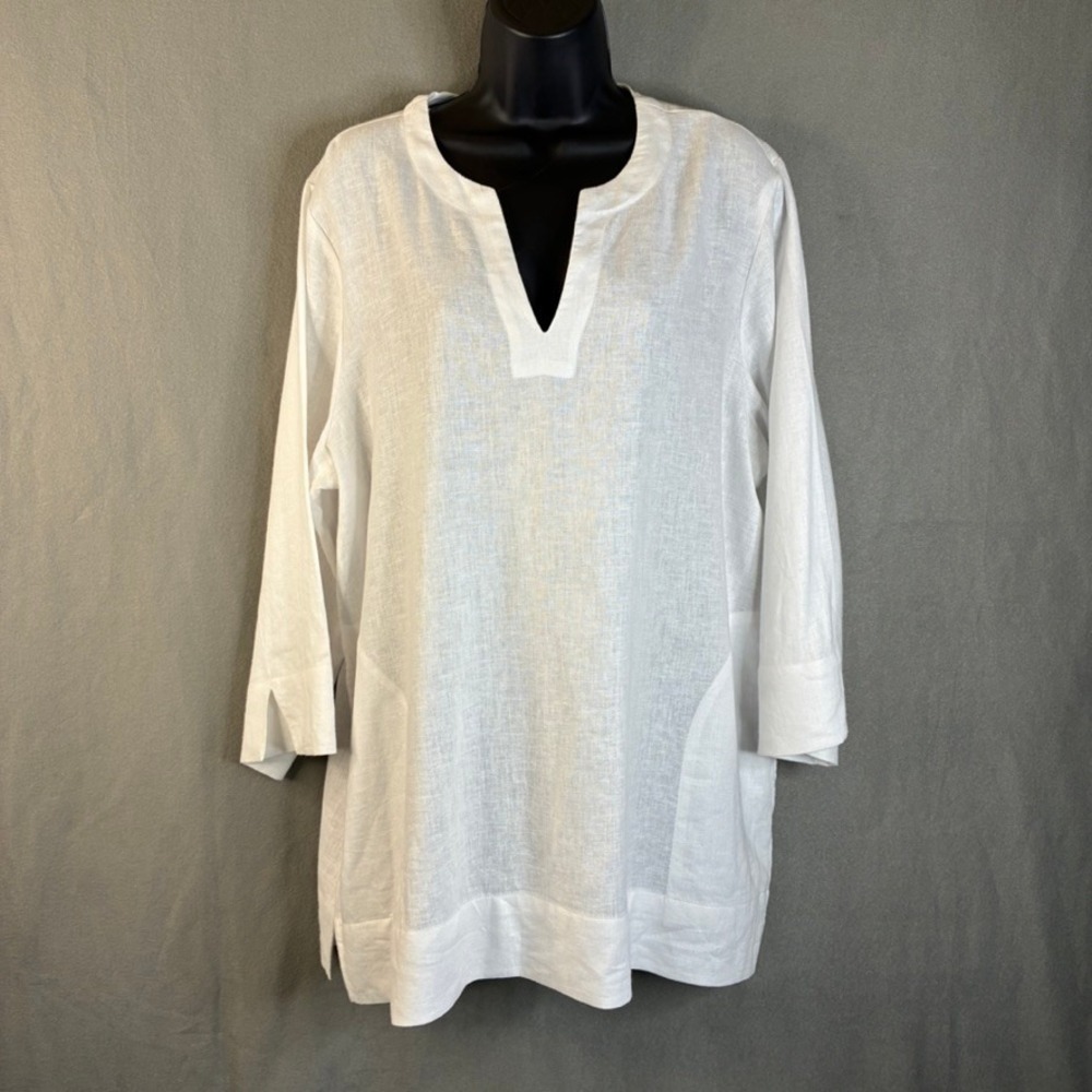 Lands End White Linen Blend Notch Neck 3/4 Sleeve Tunic Top Large Coastal Chic